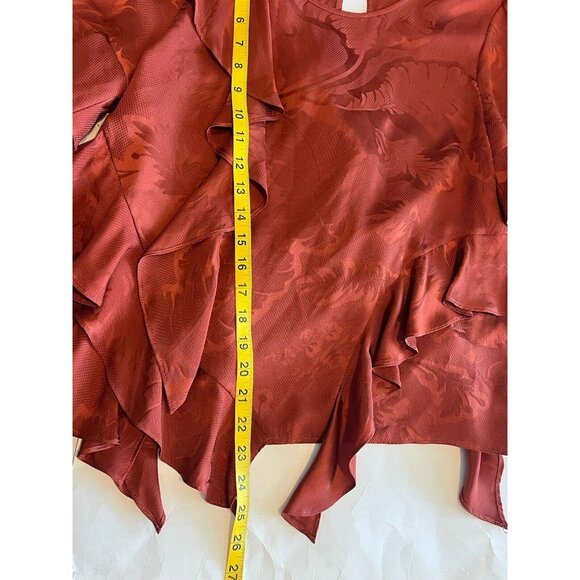 Cinq A Sept Silk Top Blouse Ruffle Asymmetric Size Medium Rust Orange Jacquard - Picture 13 of 15